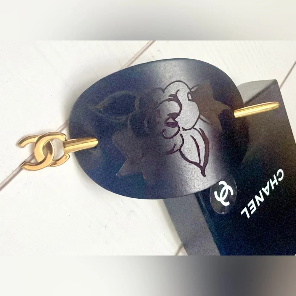 Chanel Black Leather Majeste Hair Stick Pin Camellia Flower CC Logo Gold